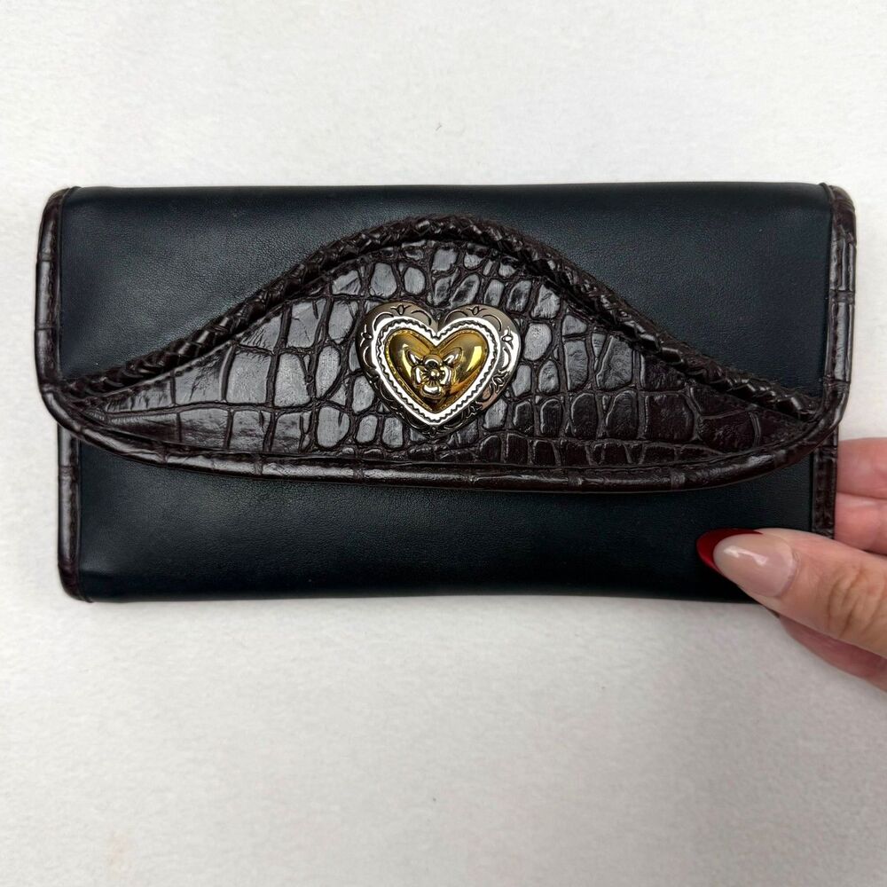 Vintage Marlo Black Leather Brown Croc Trim Flap Wallet Western Gold Heart